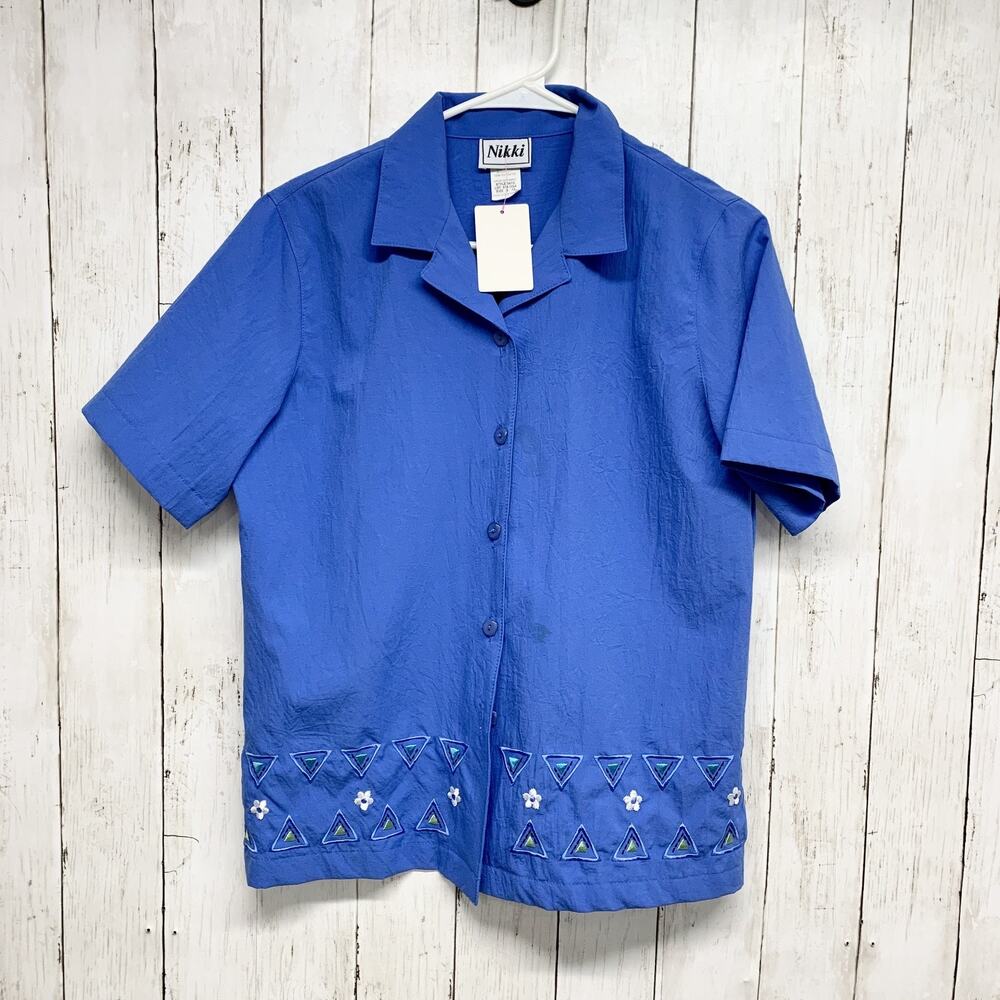 Vintage Nikki Shirt Women Small Blue Collared Short Sleeve‎ Blouse Trim Detail